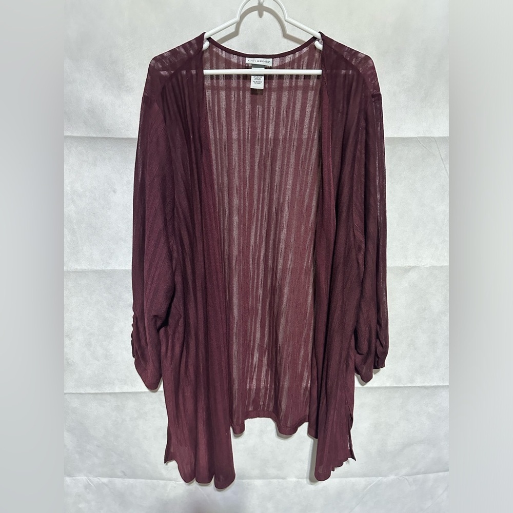 NEW Catherines Plus 5X Open Front Cardigan 34/36W Burgundy Striped Semi-Sheer